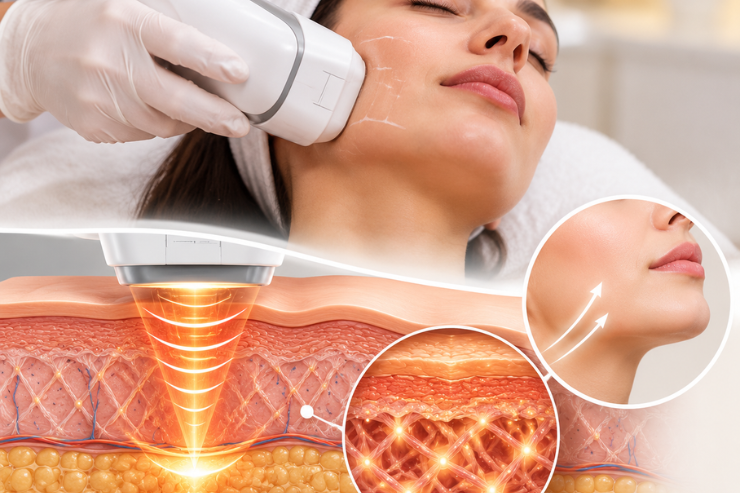 HIFU treatment device using focused ultrasound energy for skin tightening and collagen stimulation.
