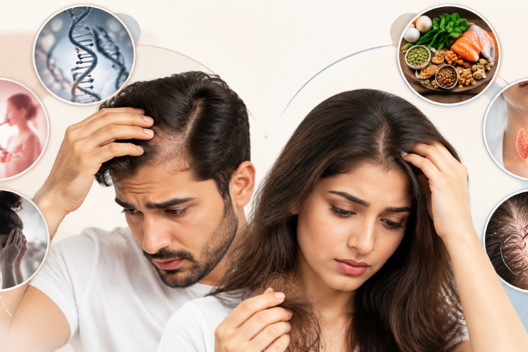 Common causes of hair loss in men and women showing genetics, hormones, stress, nutrition, and scalp factors.