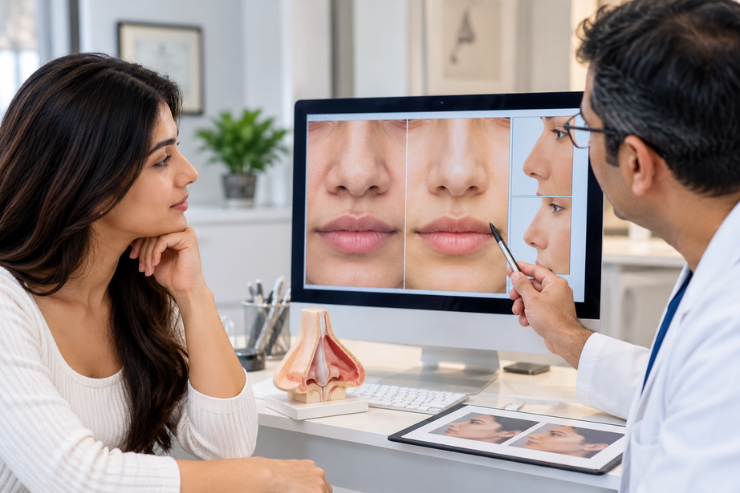 Plastic surgeon explaining rhinoplasty for a wide nose and bulbous nose tip to a woman using nasal anatomy images and a nose model during consultation.