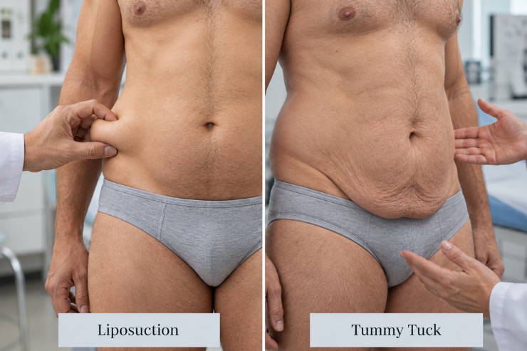 Side-by-side comparison of male abdominal fat and loose belly skin, illustrating differences between liposuction and tummy tuck surgery.